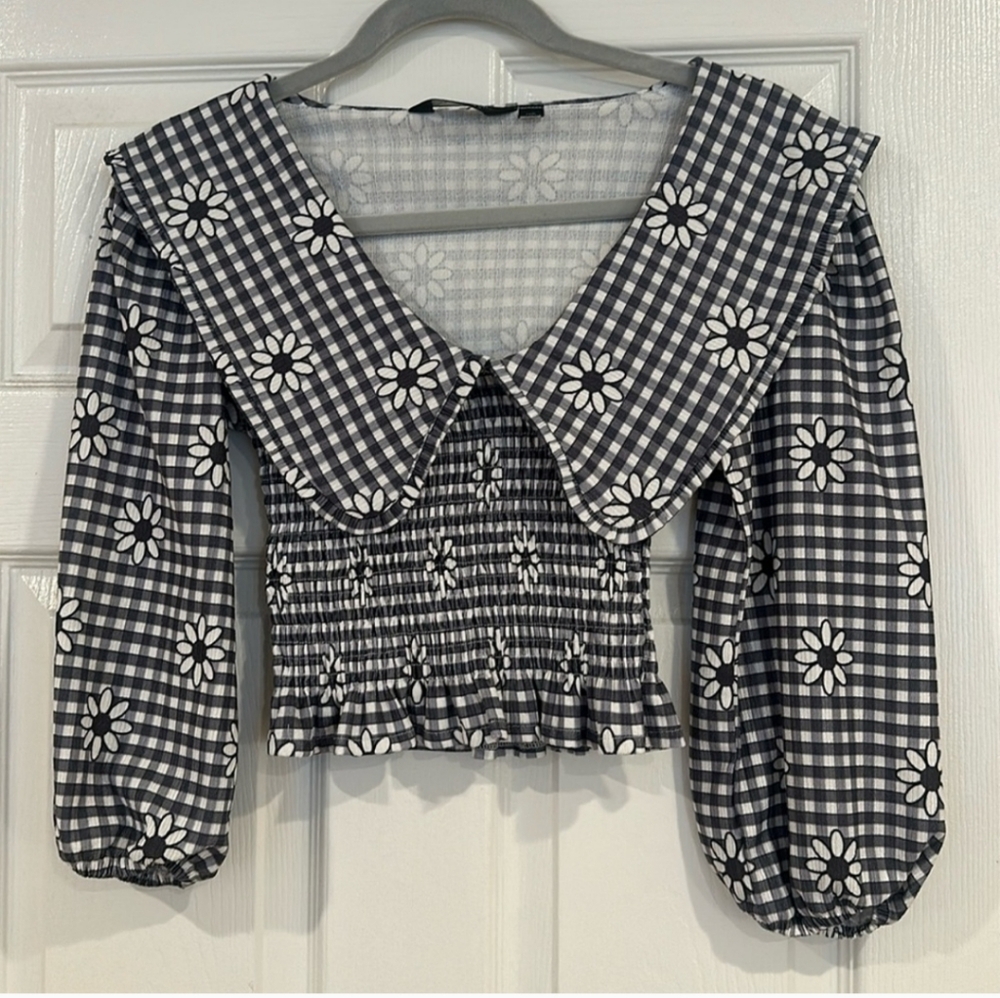 ASOS × MISS SELFRIDGE Bib Crop Top Gingham Black White Check Daisy NWOT - Picture 5 of 8